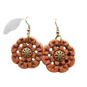 Faux Coral Flower Drop Earrings With Gold Tone Detailing Fishhook Backs